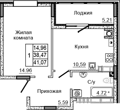 Планировка 1-комн. в ЖК «Донской»