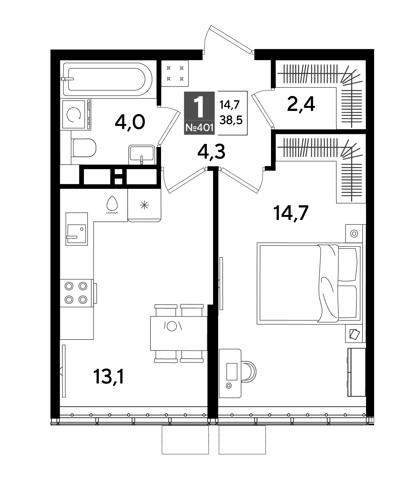 Планировка 1-комн. в ЖК «Догма Парк»