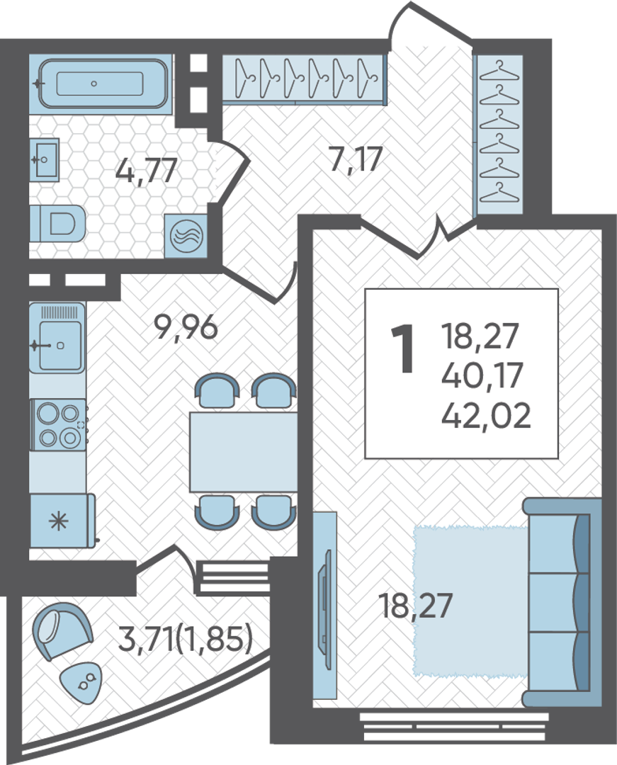 Планировка 1-комн. в ЖК «Аксиома»