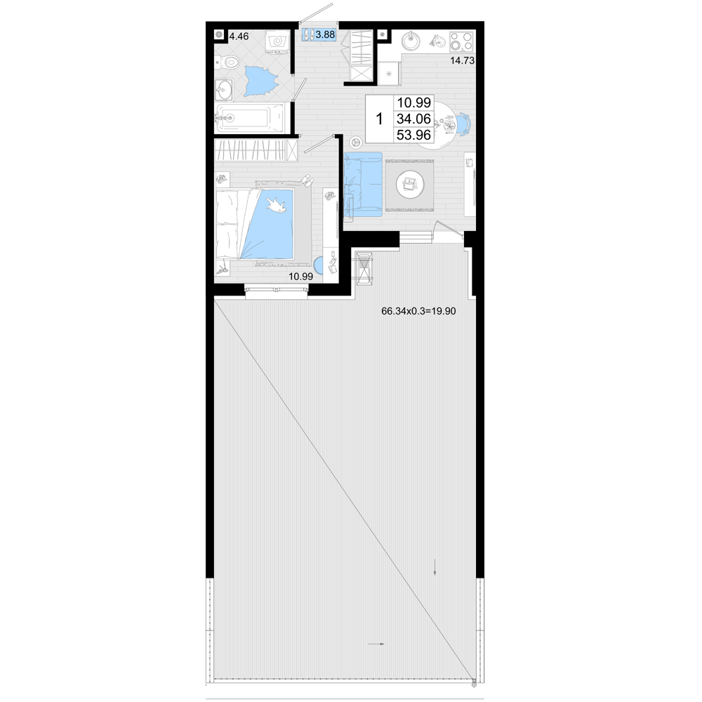Планировка 1-комн. в ЖК «Фонтаны»