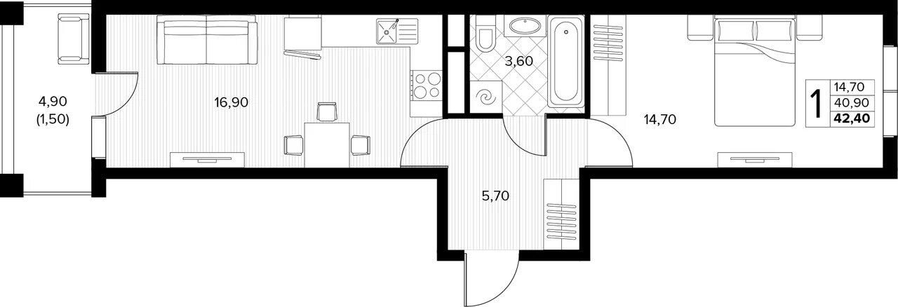 Планировка 1-комн. в ЖК «Кипарис»