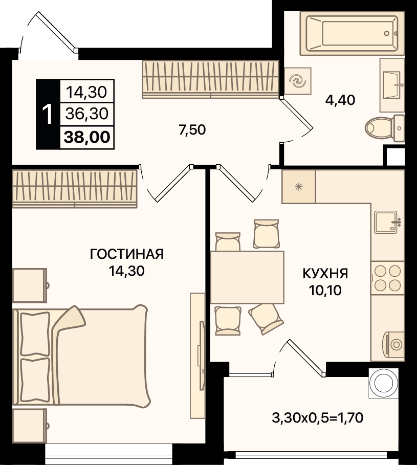 Планировка 1-комн. в ЖК «Движение 61»