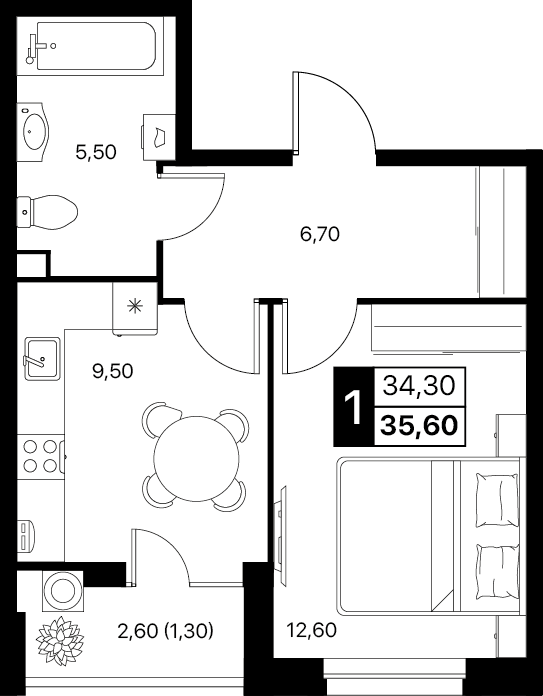 Планировка 1-комн. в ЖК «Эстет»