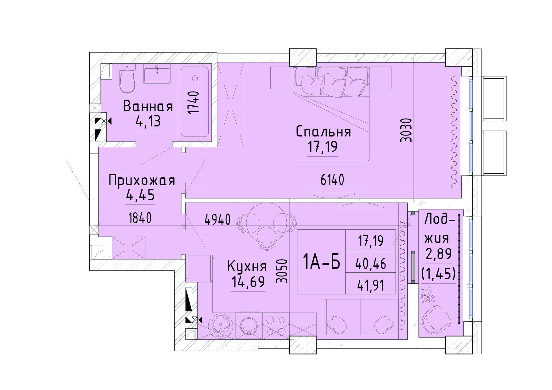 Планировка 1-комн. в ЖК «Орион»