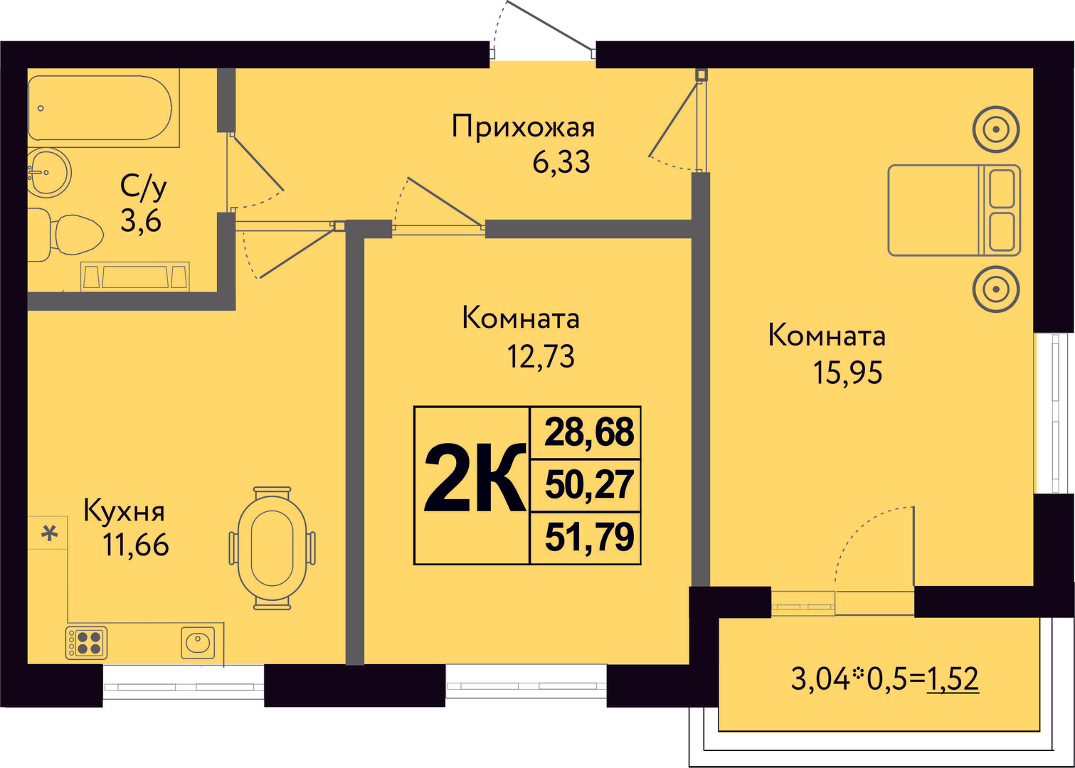 Планировка 2-комн. в ЖК «Друг»