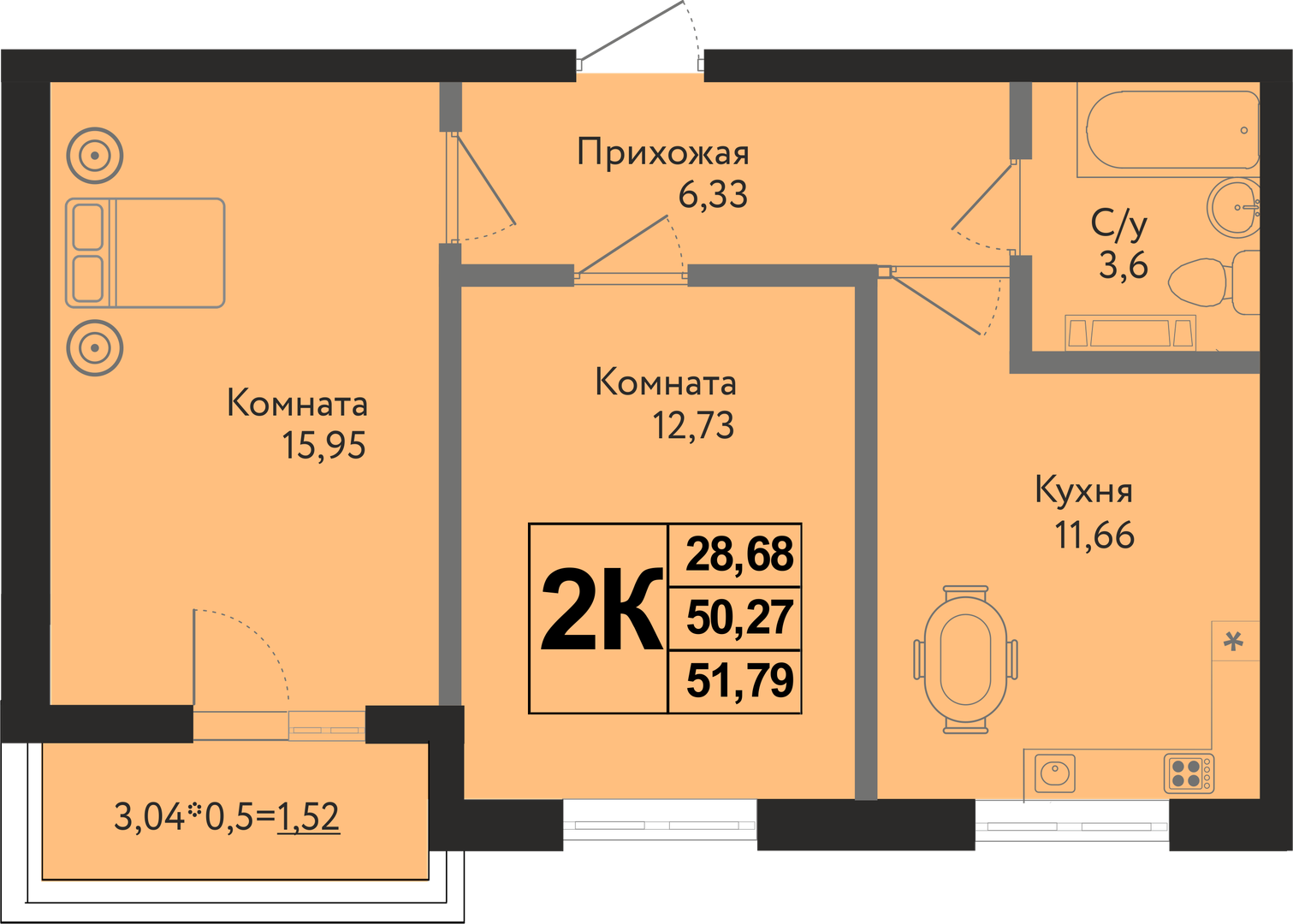 Планировка 2-комн. в ЖК «Друг»