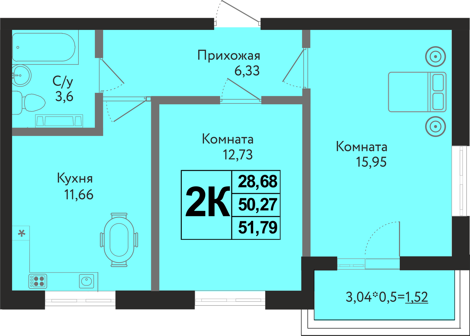 Планировка 2-комн. в ЖК «Друг»