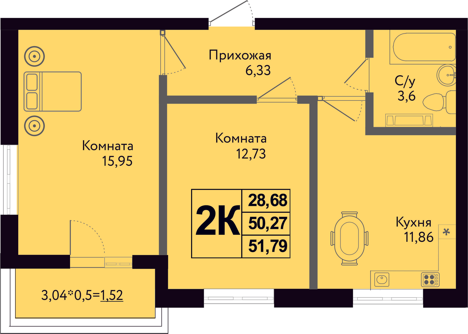 Планировка 2-комн. в ЖК «Друг»