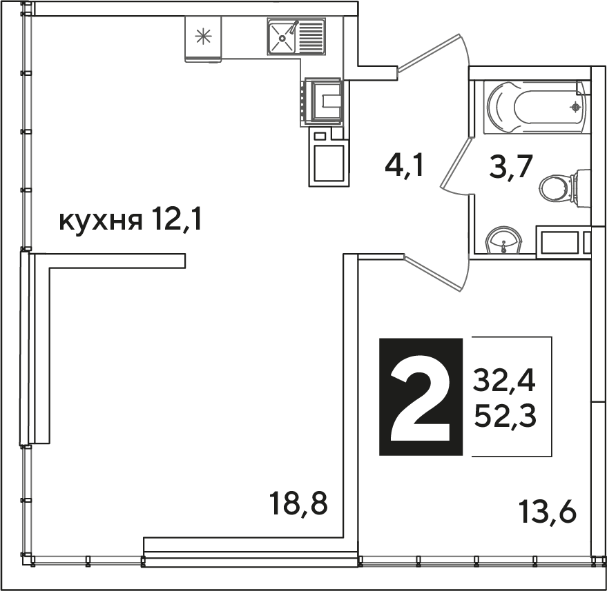 Планировка 2-комн. в ЖК «Самолет»