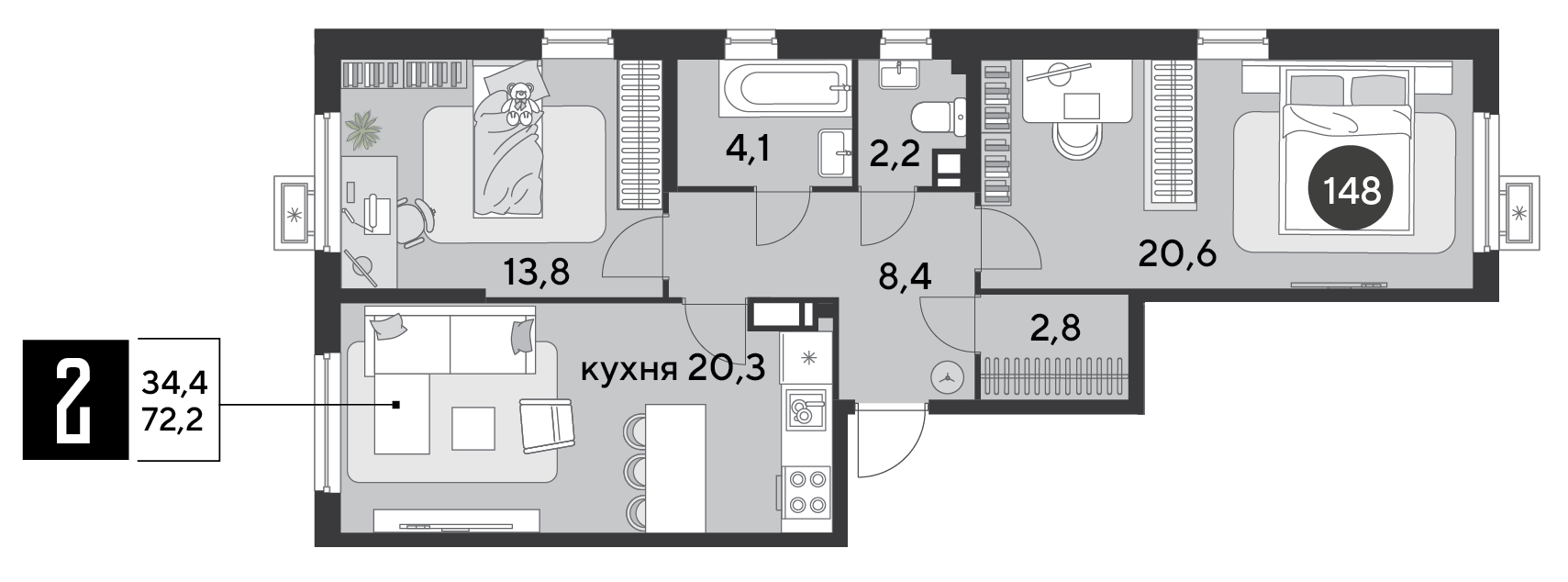 Планировка 2-комн. в ЖК «Парк Победы-2»