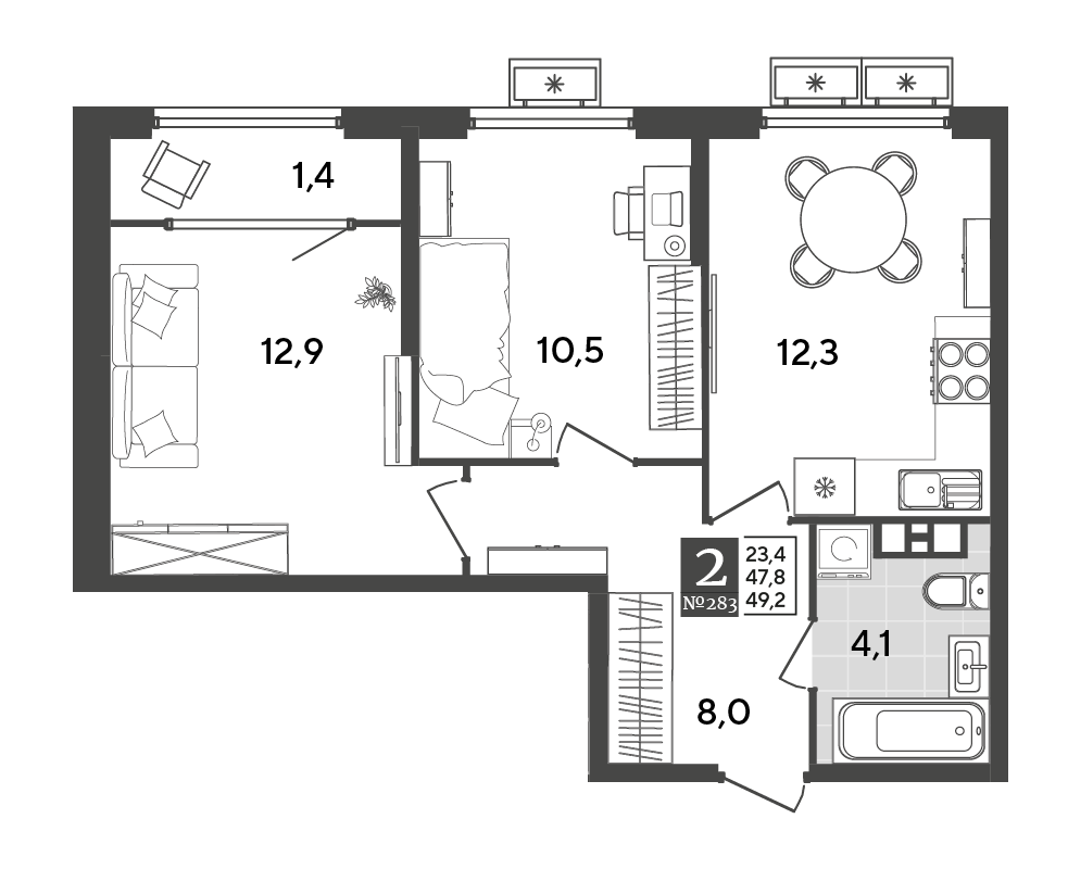 Планировка 2-комн. в ЖК «Порто-Ново»