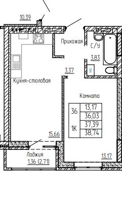 Планировка 1-комн. в ЖК «Авиатор»