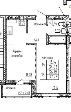 Планировка 1-комн. в ЖК «Авиатор»