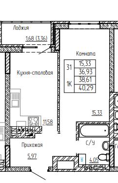 Планировка 1-комн. в ЖК «Авиатор»
