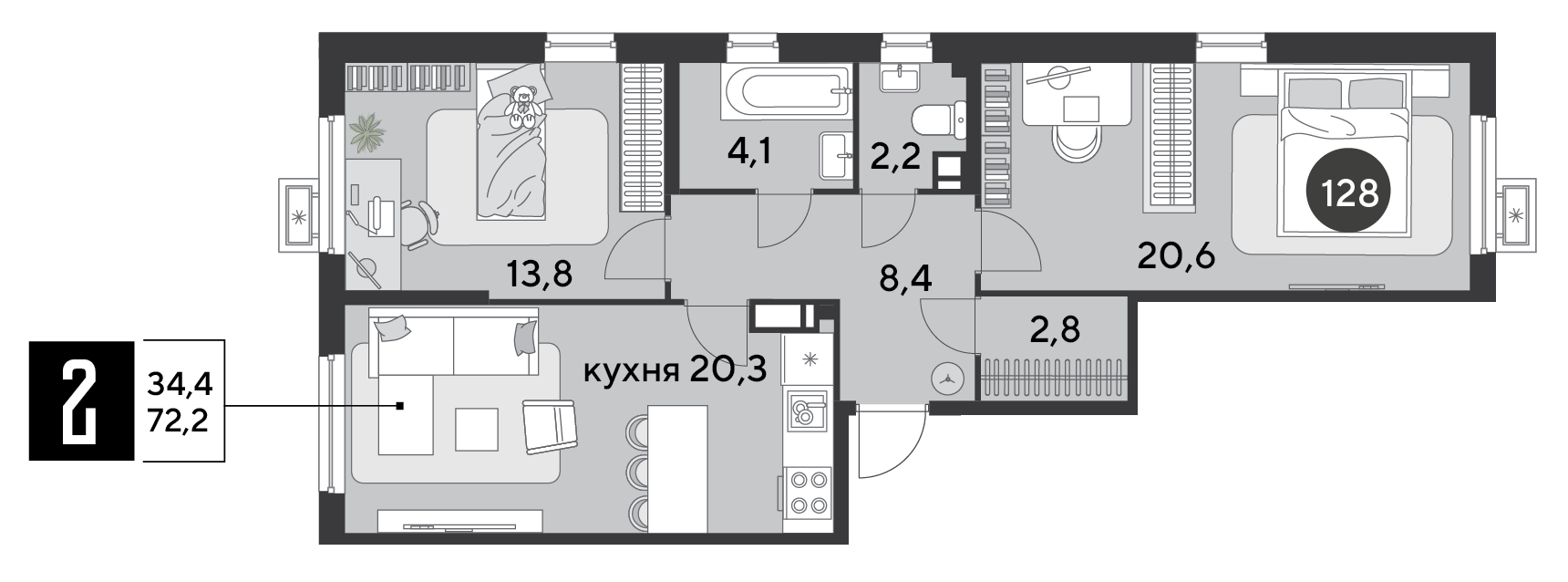 Планировка 2-комн. в ЖК «Парк Победы-2»
