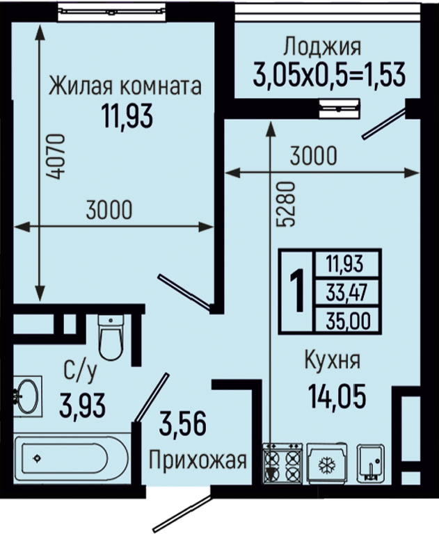 Планировка 1-комн. в ЖК «Botanica Hills»