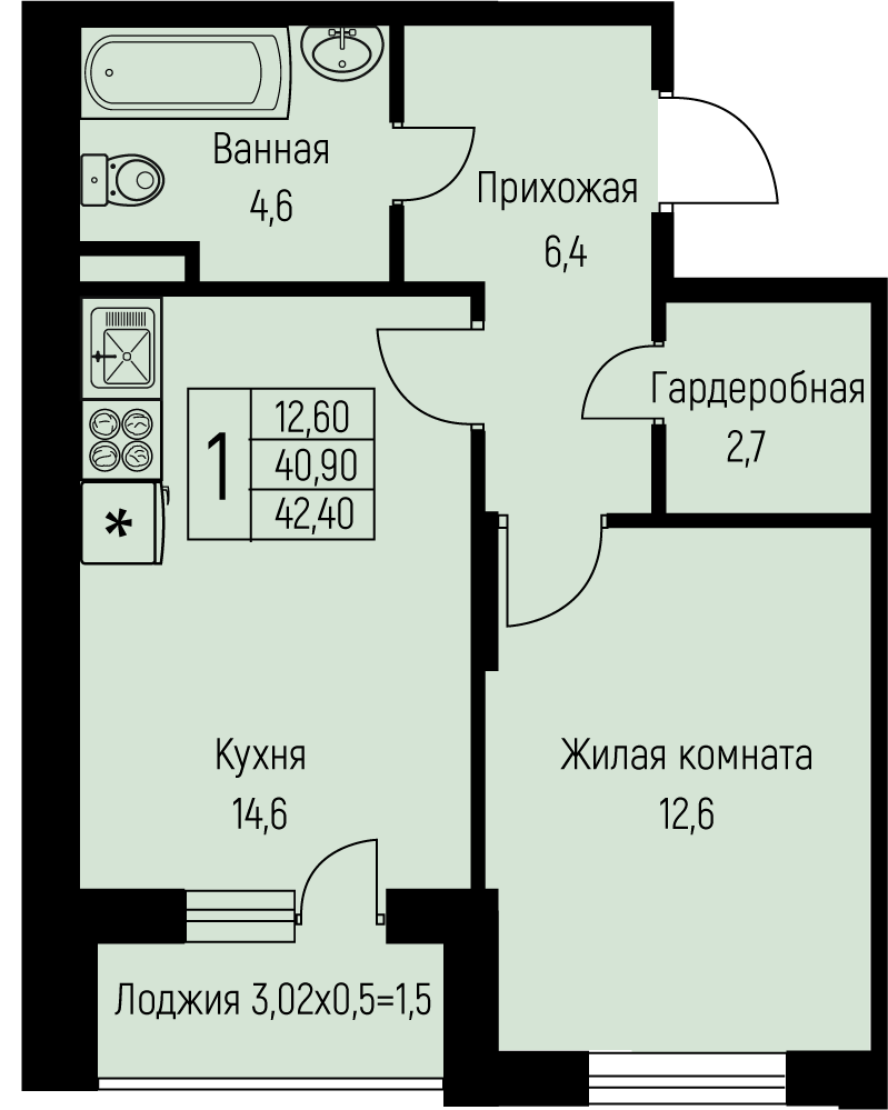Планировка 1-комн. в ЖК «Nova Vita»