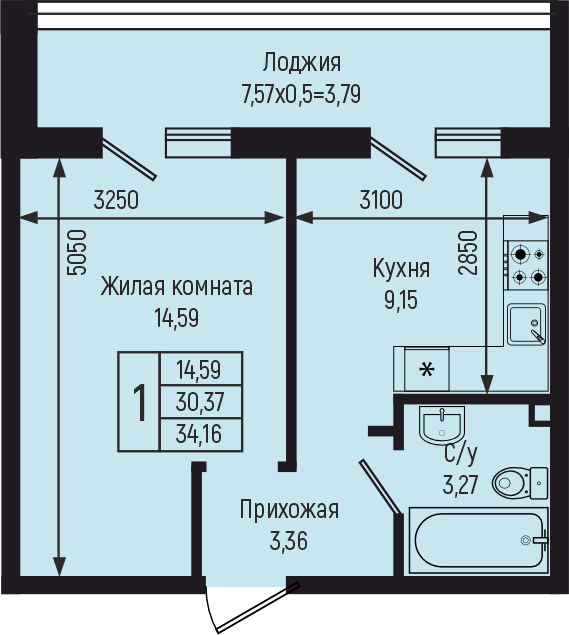 Планировка 1-комн. в ЖК «Botanica Hills»