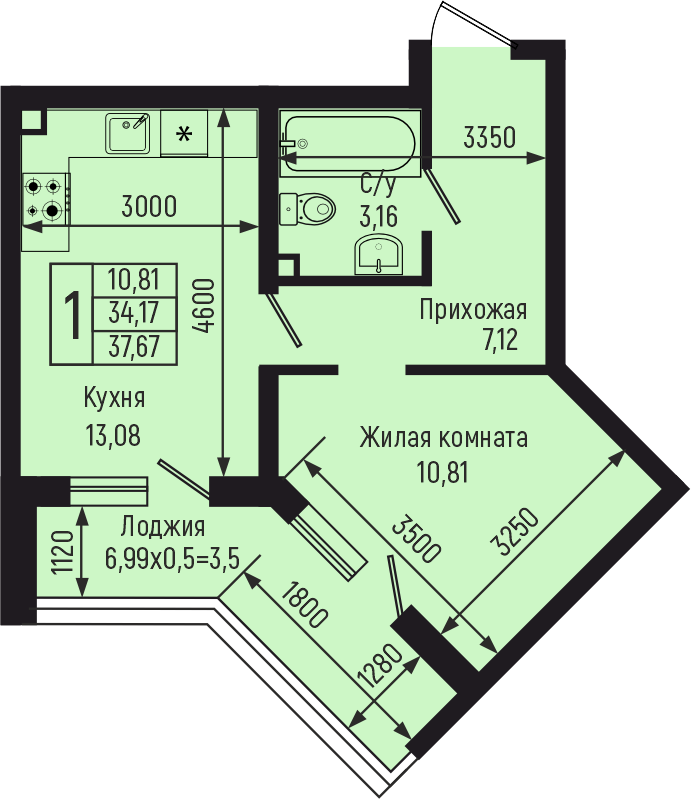 Планировка 1-комн. в ЖК «Botanica Hills»