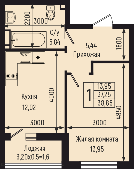Планировка 1-комн. в ЖК «Botanica Hills»