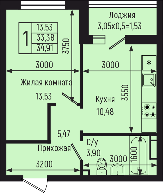 Планировка 1-комн. в ЖК «Botanica Hills»