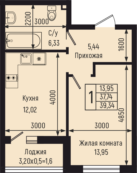 Планировка 1-комн. в ЖК «Botanica Hills»