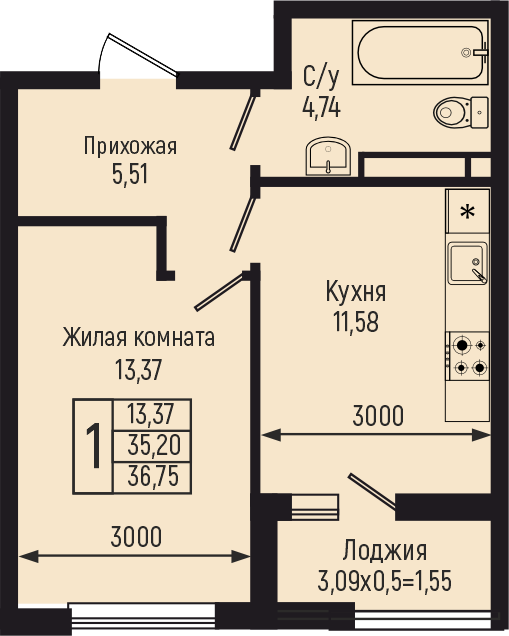 Планировка 1-комн. в ЖК «Botanica Hills»