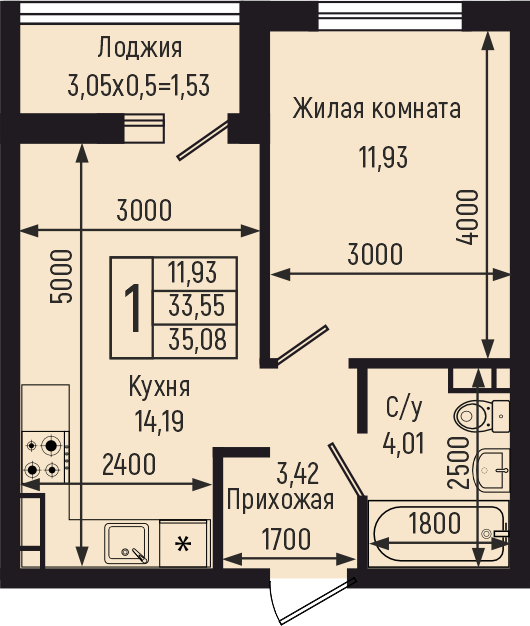 Планировка 1-комн. в ЖК «Botanica Hills»