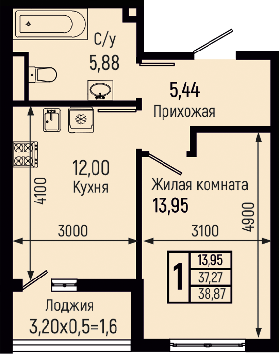Планировка 1-комн. в ЖК «Botanica Hills»