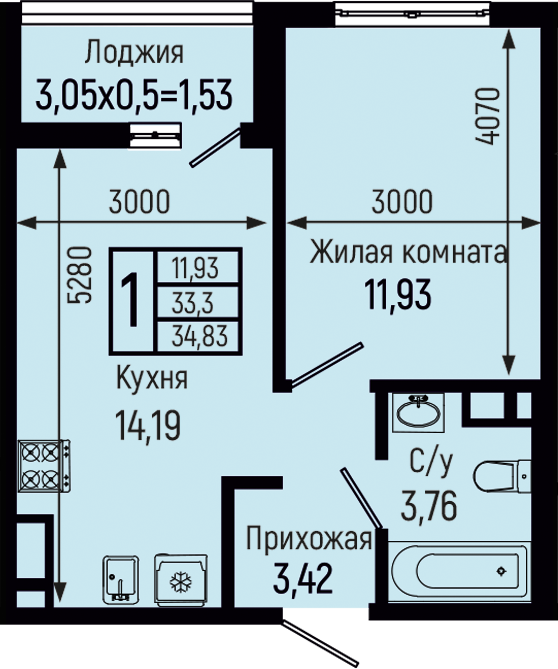 Планировка 1-комн. в ЖК «Botanica Hills»