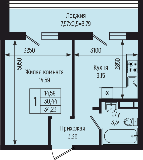 Планировка 1-комн. в ЖК «Botanica Hills»