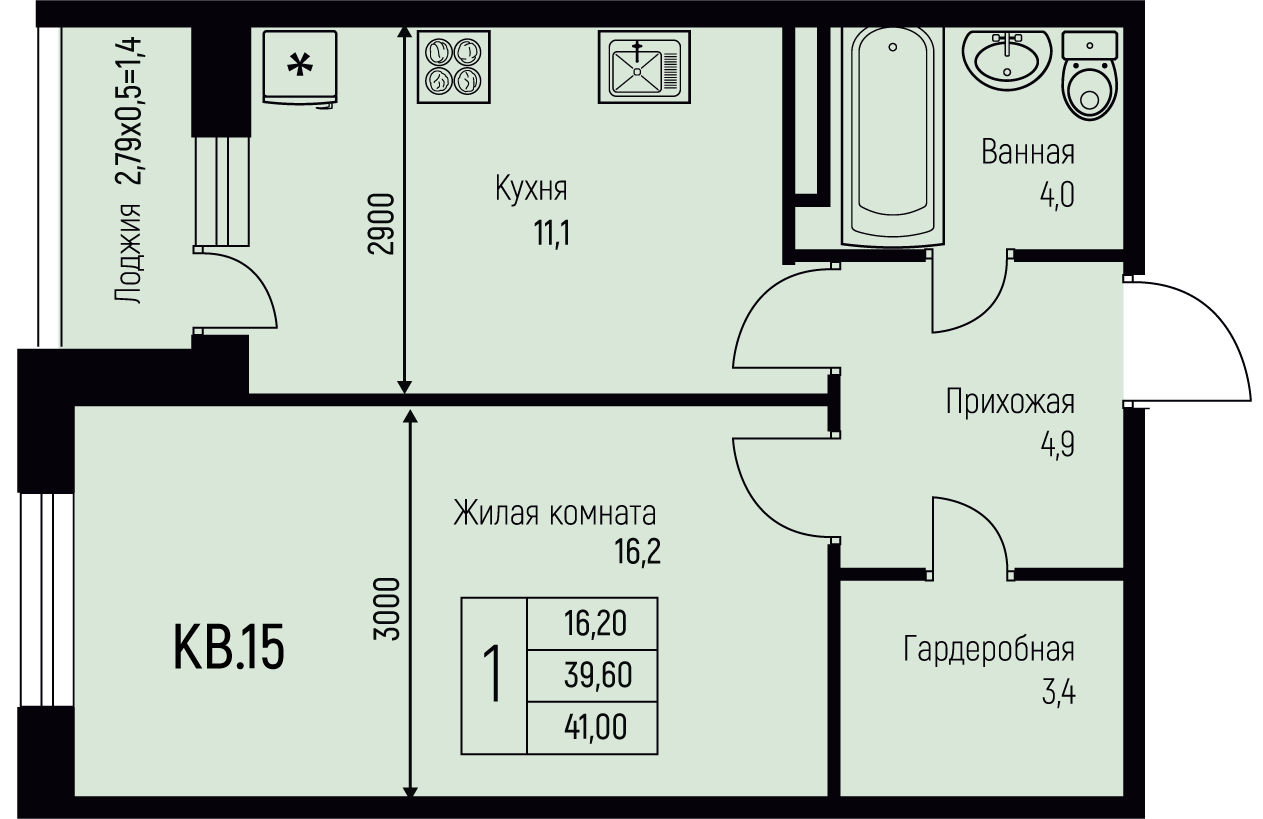 Планировка 1-комн. в ЖК «Nova Vita»