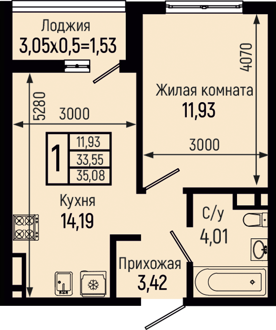 Планировка 1-комн. в ЖК «Botanica Hills»