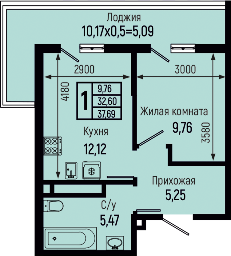 Планировка 1-комн. в ЖК «Botanica Hills»