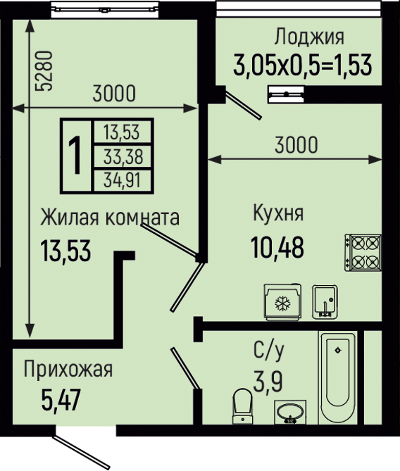 Планировка 1-комн. в ЖК «Botanica Hills»