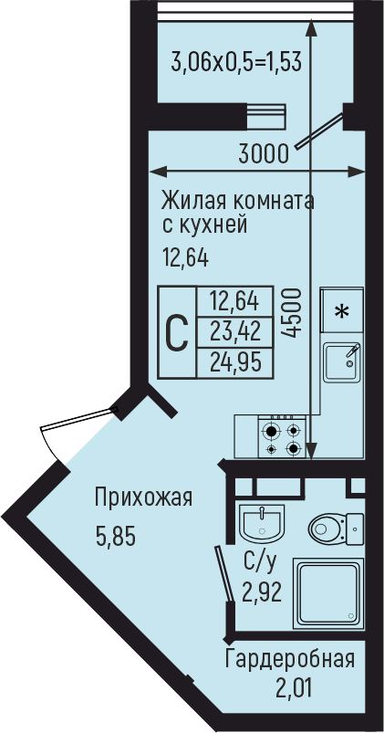 Планировка Студия в ЖК «Botanica Hills»