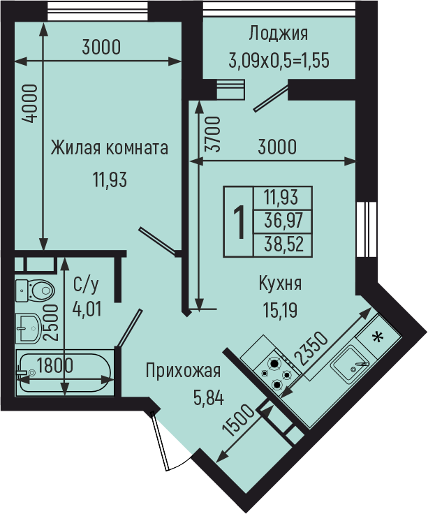 Планировка 1-комн. в ЖК «Botanica Hills»