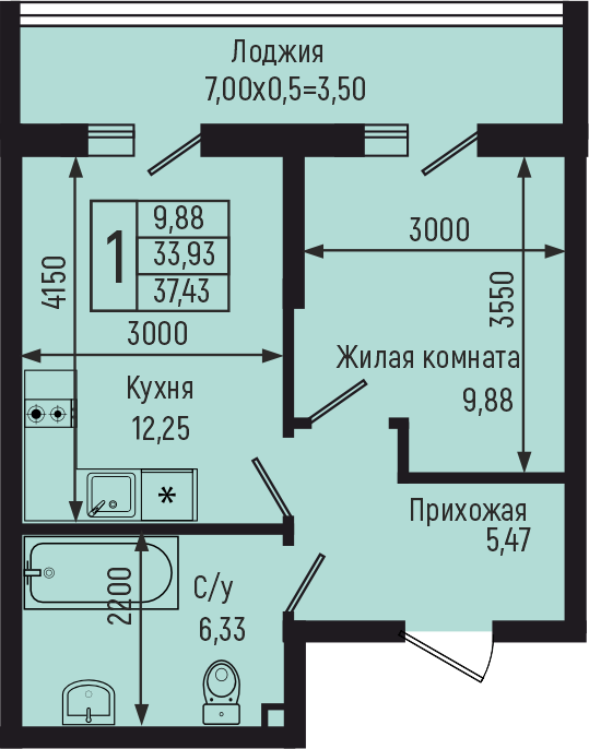 Планировка 1-комн. в ЖК «Botanica Hills»