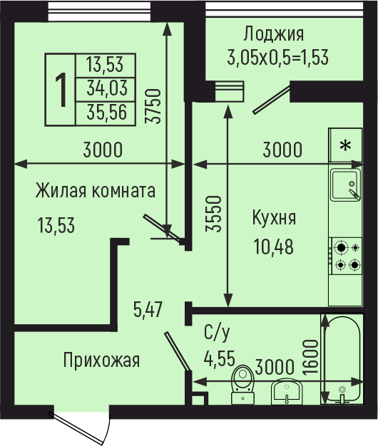 Планировка 1-комн. в ЖК «Botanica Hills»