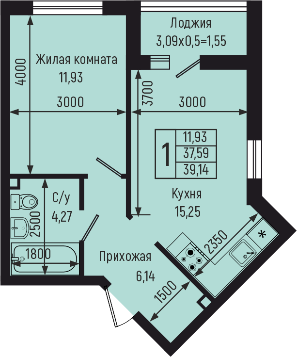 Планировка 1-комн. в ЖК «Botanica Hills»