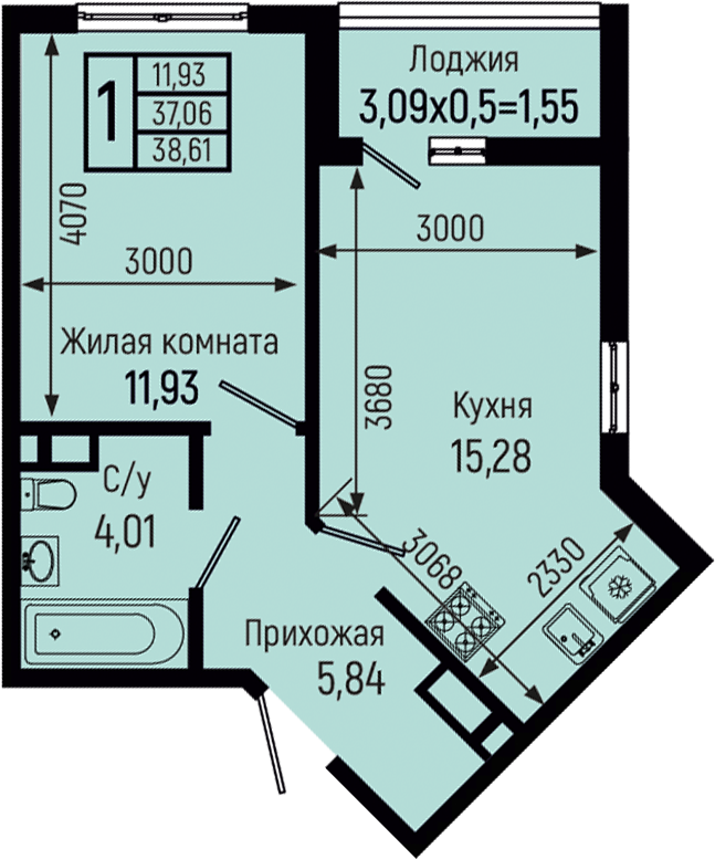 Планировка 1-комн. в ЖК «Botanica Hills»
