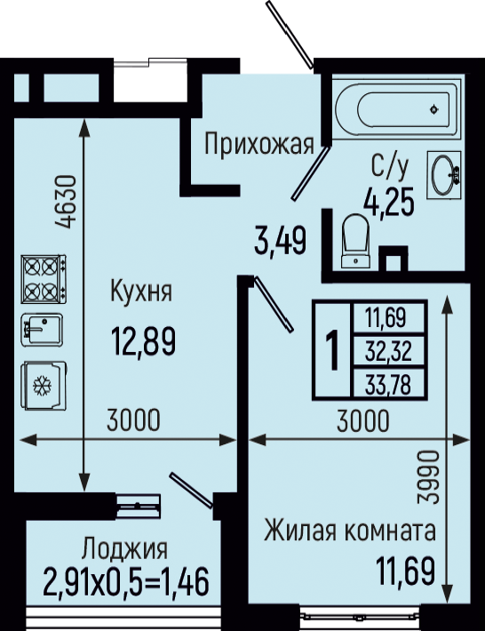 Планировка 1-комн. в ЖК «Botanica Hills»