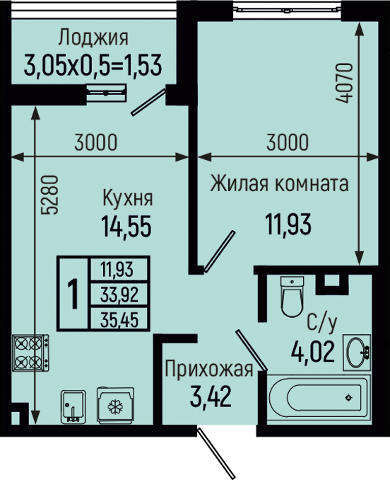 Планировка 1-комн. в ЖК «Botanica Hills»