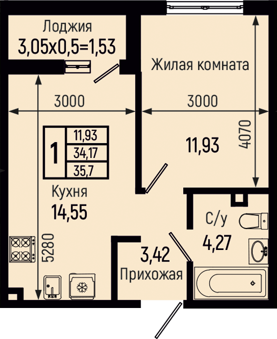 Планировка 1-комн. в ЖК «Botanica Hills»