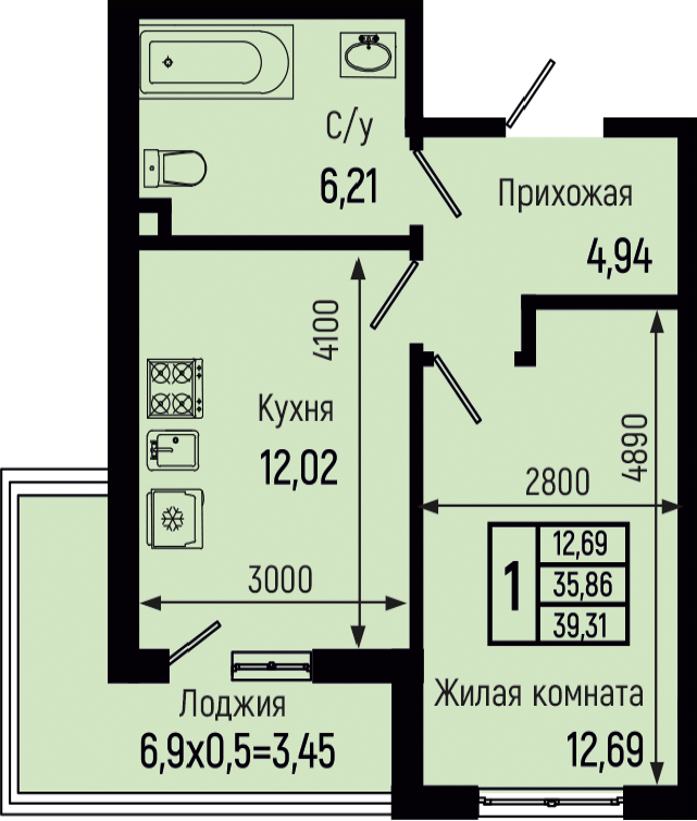 Планировка 1-комн. в ЖК «Botanica Hills»