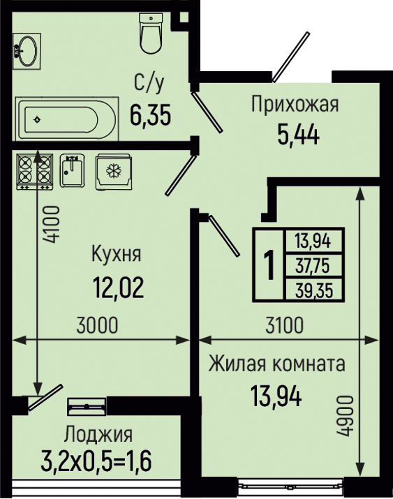 Планировка 1-комн. в ЖК «Botanica Hills»