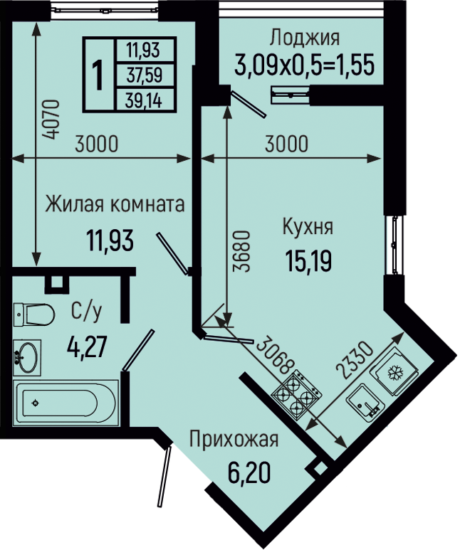 Планировка 1-комн. в ЖК «Botanica Hills»