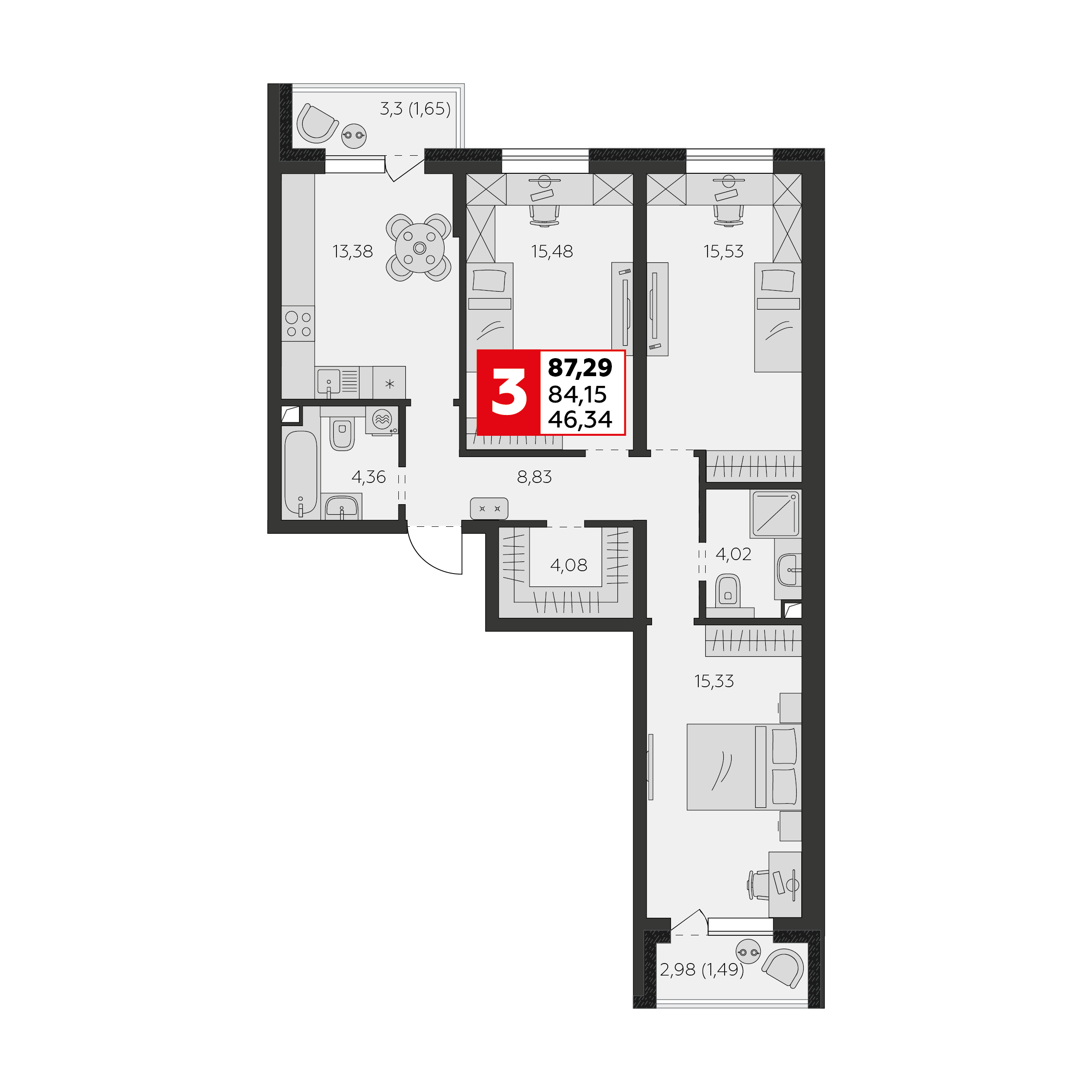 Планировка 3-комн. в ЖК «К24»