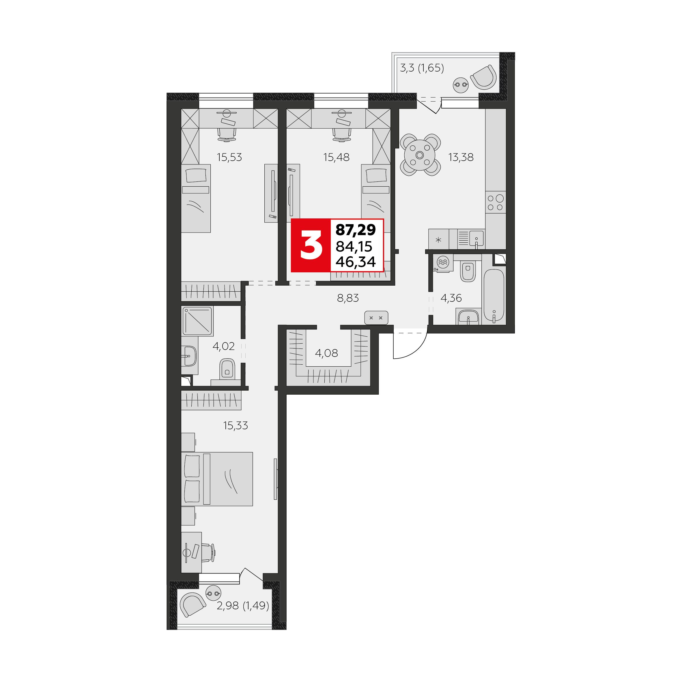 Планировка 3-комн. в ЖК «К24»