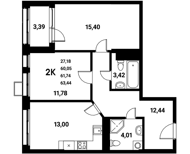 Планировка 2-комн. в ЖК «Z-town»
